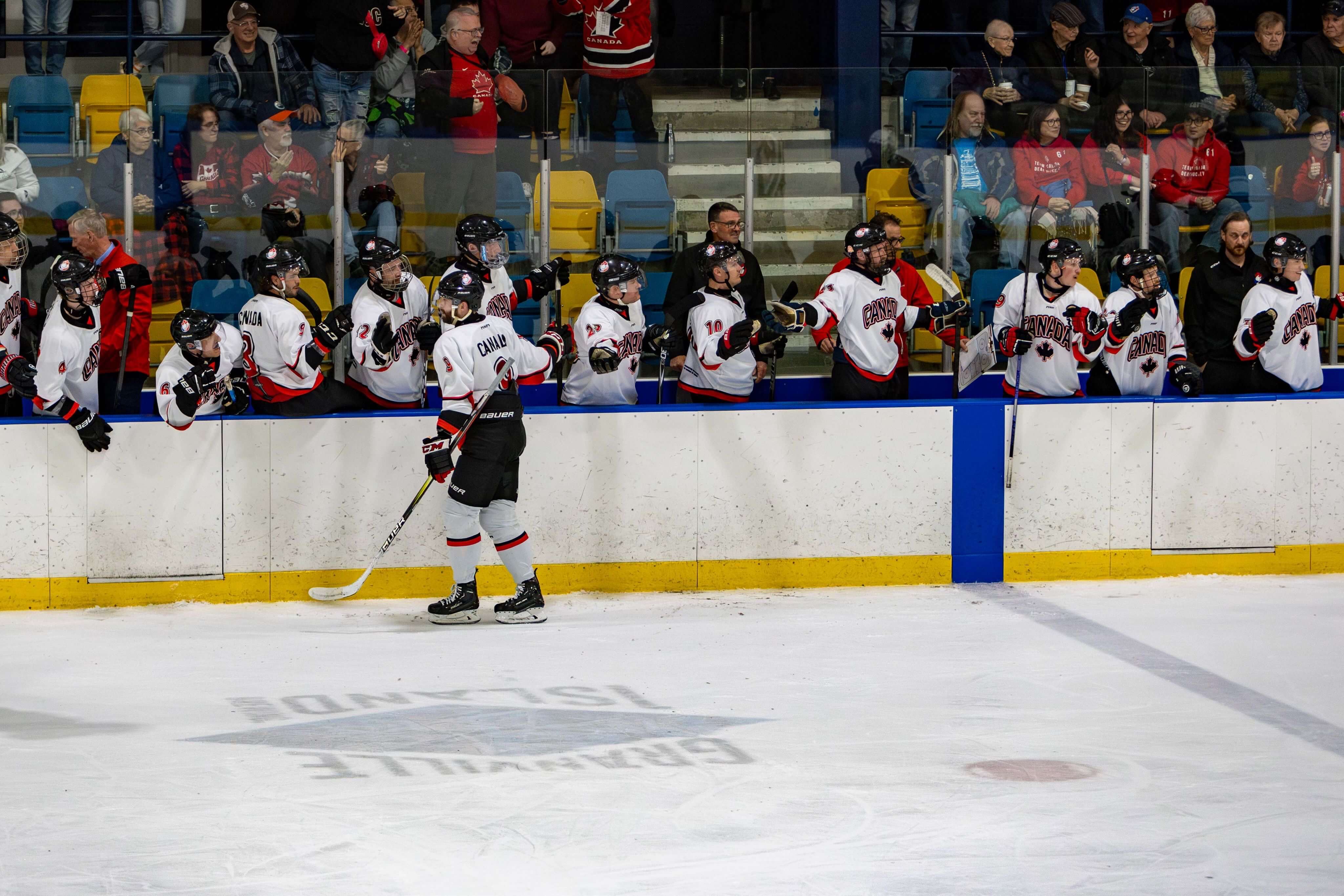 A Team Canada player receives fist-bumps from teammates along the bench after a goal
